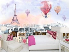 Эйфелева башня и воздушные шары над парижскими крышами домов