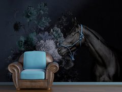 Черный конь и букет цветов на темном фоне1