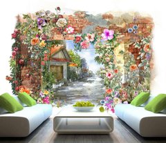 Zid de cărămidă acoperit cu flori și strada în perspectivă