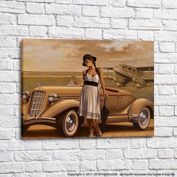 Fată &icirc;ntr-o rochie albă pe fundalul unei mașini retro