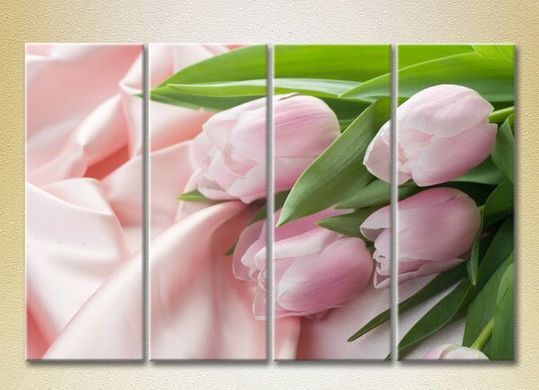 Полиптих Розовые тюльпаны на шелковой ткани_01