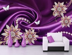 Bijuterii florale și fluturi albi pe un fundal de mătase violet