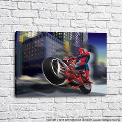 Spider-Man pe o motocicletă sport pe fundalul clădirilor