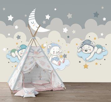 Сонные мишки на облаках, серый фон