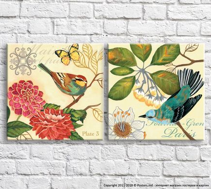 Птички и разноцветные цветы на фоне текста, диптих