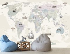 Подростковая карта мира в пастельных тонах с транспортными средствами