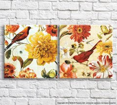 Птички на ветке,на фоне разноцветных цветов, диптих