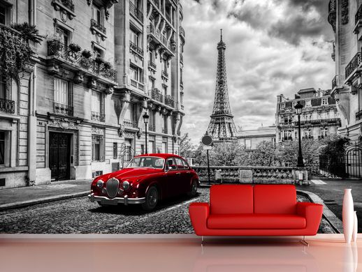 Paris alb negru și mașină retro roșie
