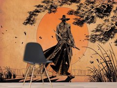Современная цифровая фреска, самурай на фоне солнца