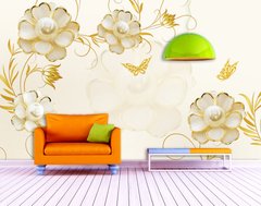 3Д фотообои,жемчужные цветы с позолотой и бабочки на кремовом фоне