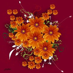 Фотообои Оранжевые цветы на красном фоне