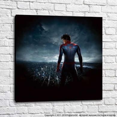 Человек-паук на крыше небоскреба на фоне города