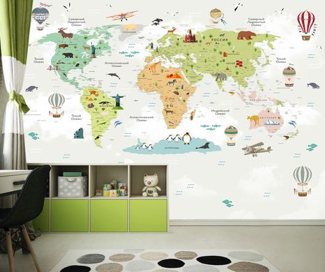 Harta multicolora a lumii pentru copii pe fond verde pastel