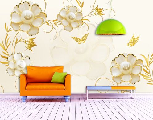 Tapet foto 3D, flori de perle cu aurire și fluturi pe fundal crem