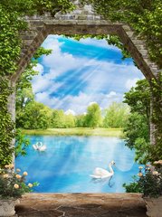 Фреска арка, озеро и лебеди