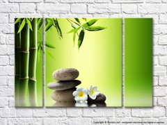 Flori albe și pietre pe un fundal verde cu bambus