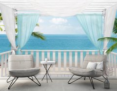 Фотообои терраса с балдахином, море и пальмы
