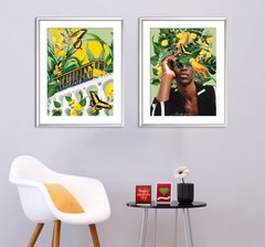 Желто зеленая абстракция из тропических растений и птиц