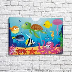 Разноцветные обитатели подводного мира на фоне солнца
