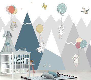 Зайчики на воздушных шариках на фоне горных вершин