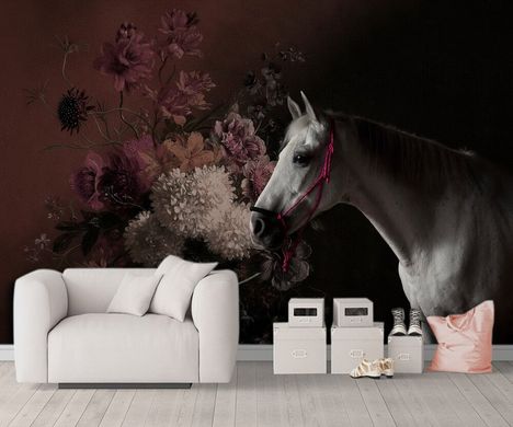 Белая лошадь и букет цветов на темном фоне