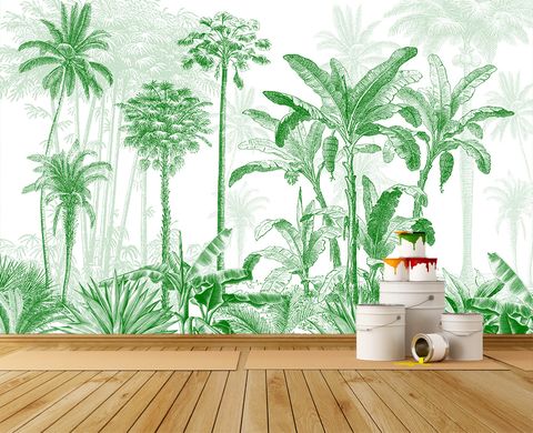 Pădure tropicală în stil schiță, verde monocrom
