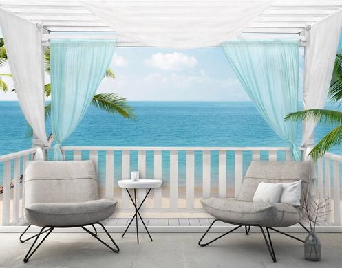 Фотообои терраса с балдахином, море и пальмы