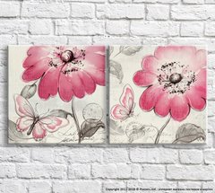 Розовые бабочки и полевые цветы на черно белом фоне, винтаж, диптих