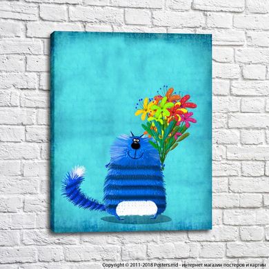 Голубой кот с букетом разноцветных цветов