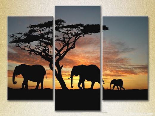 Триптих Слоны, закат в Африке
