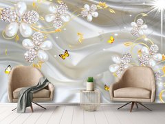 3Д фотообои, желтые бабочки и цветы из драгоценных камней на фоне шелка