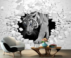 Белый тигр с синими глазами на фоне разбитой кирпичной стены