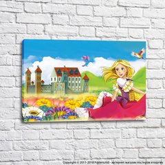 Принцесса на фоне полей разноцветных цветов и замка