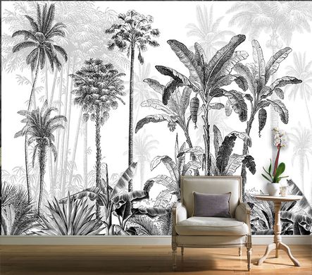Pădure tropicală în stil schiță, monocrom alb-negru