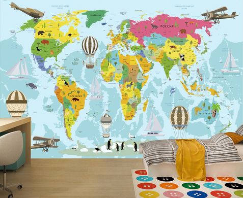 Harta multicoloră a țărilor lumii pe un fundal albastru cu avioane și baloane
