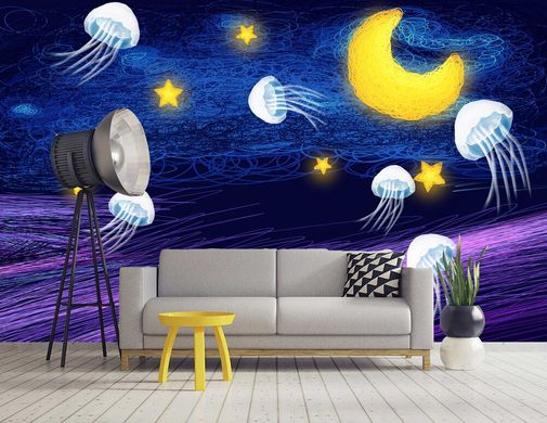Meduzele albe pe un cer înstelat abstract cu lună