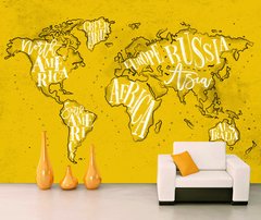 Numele continentelor pe fundal galben al hartii lumii