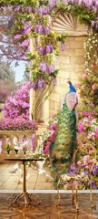Павлин и голуби на балконе с цветущими растениями