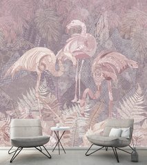 Фламинго на лиловом фоне с растениями