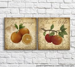 Апельсины и яблоки на корчнивом фоне с узорами, диптих