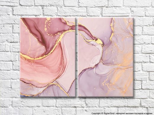 Розовая мраморная текстура с золотыми прожилками, диптих