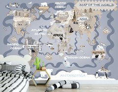 Harta lumii gri cu continente bej si animale