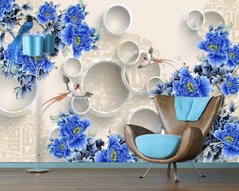 Flori și păsări albastre strălucitoare pe un fundal 3D deschis