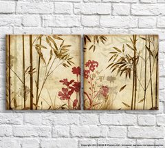Бамбук и красные цветы на коричневом фоне, диптих