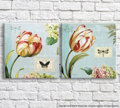 Бело розовые тюльпаны и бабочки на голубом фоне, диптих
