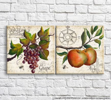 Яблоки и виноград маслом на фоне текста, диптих