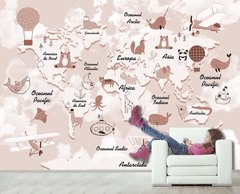 Harta lumii ,continente si oceane pentru copii in romana ,roz