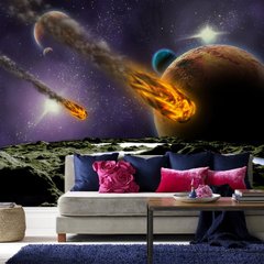 Огненные метеориты на фоне звезд и планет, космос