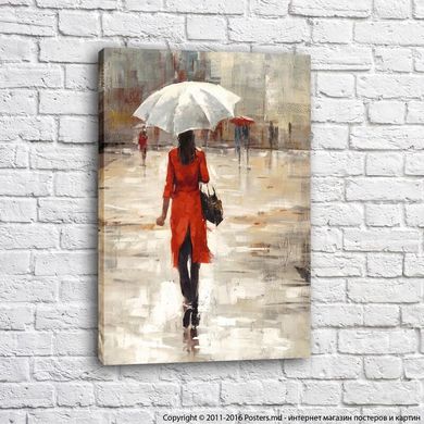 Девушка в красном пальто с белым зонтом
