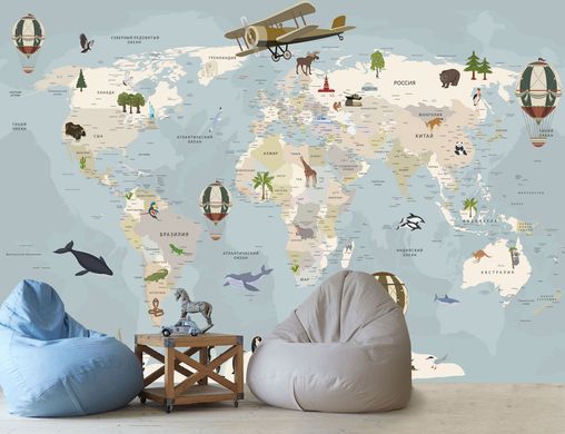 Avion și baloane pe fundalul hărții lumii pentru copii cu animale